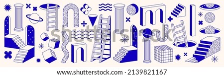 Surreal geometric shapes. Abstract vector elements and signs in trendy minimal outline style. Arch, stairs, column and geometric shapes. Can be used in web, social media, poster, cover design, banner.