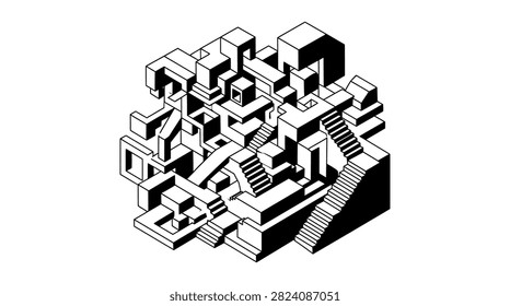Surreal geometric structure featuring endless stairs and paths for optical illusions and complex puzzle concepts.
