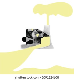 Las formas geométricas surrealistas, las formas libres amarillas y el cuadro de dimensiones de dibujo sobre fondo blanco. 