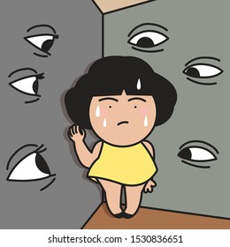 Surreal Giant Eyes On Wall Looking At Scared Girl. Concept Of Fearing Of Being Stared At Card Character illustration