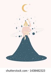 Surreal girl in long dress shows what space inside her skirt. Mystical fabulous, philosophy illustration. Cute girl. Doodle ethnic design for poster, print, kids paintings, postcard. Contemporary art