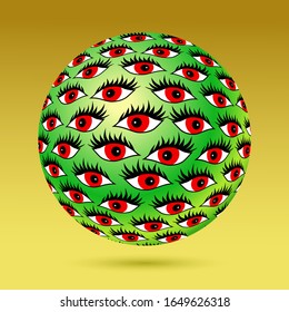 Surreal green ball with stylized red eyes. Unusual magical optical illusion on yellow background. 3d effect. Styles of op art, pop art. For cover book design and more. 