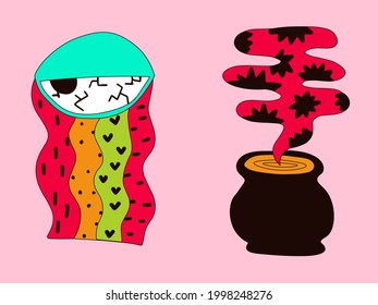 surreal halloween stickers set-the potion in the pot and the magic eye.Funky groove tattoo templates in punk and hippie style.Bizarre hippie art of the 70s and 80s.Patches modern magic and psychedelic