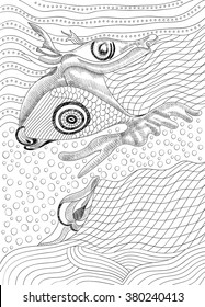Surreal hand drawing whale and fish, abstract template with black outlines, can use for posters cards, stickers, coloring book, as decorative element.