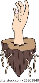 A surreal hand rising from a broken tree stump, symbolizing rebirth, power, or a mystical force—perfect for conceptual art, posters, or edgy graphic tees.