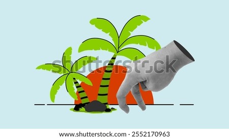 Surreal hand walking on the beach during sunset pop art illustration. Cropped human hand surrounded with palm trees, tropical vibes. Travel collage concept.