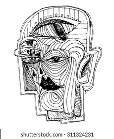 Surreal head. Creative doodling. Sketch art. 