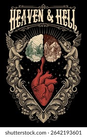 A surreal heart splits between angelic heaven and demonic hell, symbolizing moral duality in vintage style.
