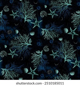 Surreal hoarfrost and snowflakes. Watercolor seamless pattern. Illustration with magic snow, frost, snowfall, ice, star.