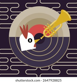 Surreal illustration of a chicken playing a trumpet against a circular soundwave backdrop. Perfect for quirky design, music-themed concepts.