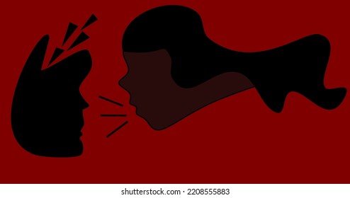 Surreal illustration of confrontation, conflict and emotional abuse of a woman confronting a man and unleashing verbal thoughts about him