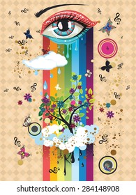 Surreal illustration with eye of blue and red color, clouds, butterflies and music notes.