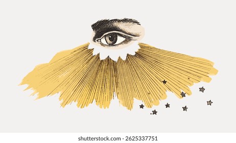 Surreal illustration of an eye with golden rays and stars. Artistic eye design with celestial elements. Eye, rays, and stars create a mystical vibe. Vintage art illustration vector.