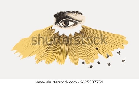Surreal illustration of an eye with golden rays and stars. Artistic eye design with celestial elements. Eye, rays, and stars create a mystical vibe. Vintage art illustration vector.