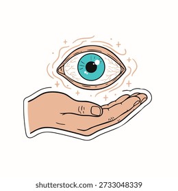 Surreal illustration of a floating eye hovering above an open hand with glowing elements. Concept of awareness, intuition, protection, inner vision, and spiritual insight.