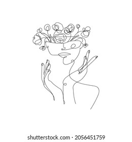 Surreal illustration, girl with flowers in her head. Vase in the head of a woman.Abstraction in continuous line style, vector outline illustration