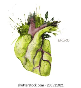 Surreal illustration of heart. Artistic spray, trees, leaves and green color.