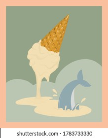 A surreal illustration of ice cream dripping that turns into a river with a dolphin jumping in. Suitable for a poster, background photo etc. Text can be added to the space in the background.