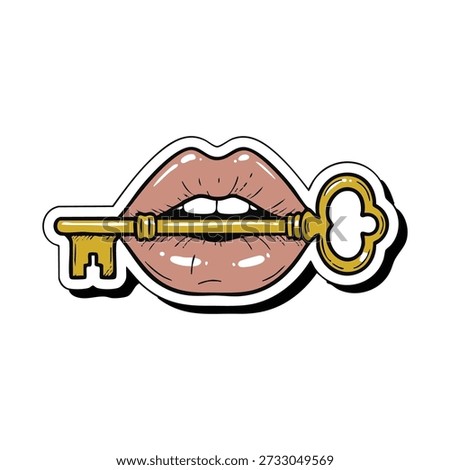Surreal illustration of lips holding a key. Symbolic concept of secrets, desire, communication, temptation, control, and mystery. Creative modern style.