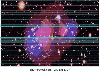 A surreal illustration of a man pulling a buffalo from a distance, set against a mesmerizing galaxy-lit background. 