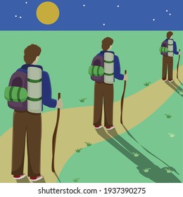 Surreal illustration of three tourists in same clothes with rucksack and walking sticks, standing on yellow sand path, grass around them and dark blue sky with full moon and stars on the background