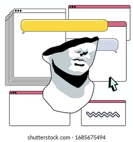 Surreal illustration in vaporwave style with marble sculpture and user interface elements. Conceptual art for UI and UX design and site architecture.
