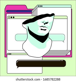 Surreal illustration in vaporwave style with marble sculpture and user interface elements. Conceptual art for UI and UX design and site architecture.