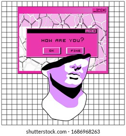 Surreal illustration in vaporwave style with marble sculpture and user interface elements.