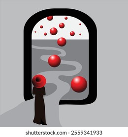 In a surreal illustration a woman approaches an arched portal beyond which a number of red shiny spheres are seen falling on her path.