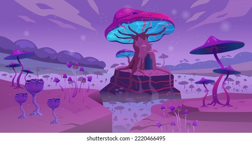 Surreal ladscape with glowing magic mushrooms. Gaming fantasy background. 