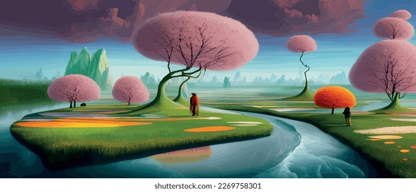Surreal landscape with abstract colorful multicolored trees and clouds, melting islands near the ground. Vector illustration, dreamy surreal fantasy landscape, vegetation lush flowers, pastel colors