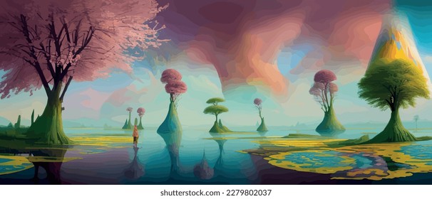 Paisaje surrealista con árboles coloridos abstractos y nubes, islas que se derriten cerca del suelo. Ilustración vectorial, paisaje de fantasía onírica surrealista, flores exuberantes de la vegetación, colores pastel