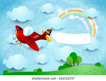 Surreal landscape with airplane, banner and rain. Vector illustration 