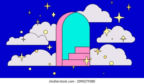 Paisaje surrealista con puerta de arco en el cielo estrellado. Ilustración vectorial de estilo vaporwave.