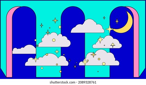 Surreal landscape with arch doors in the starry sky. Vaporwave style vector illustration.