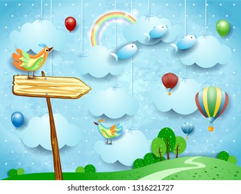 Surreal landscape with arrow sign, balloons, birds and flying fisches. Vector illustration eps10