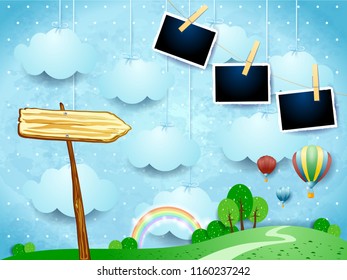 Surreal landscape with balloons, arrow sign and photo frames. Vector illustration eps10