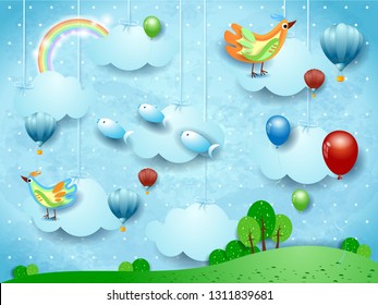 Surreal landscape with balloons, hot air balloons, birds and flying fisches. Vector illustration eps10