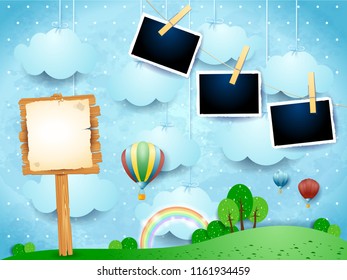 Surreal landscape with balloons, wooden sign and photo frames. Vector illustration eps10