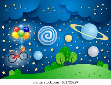 Surreal landscape with big planets and bicycle. Vector illustration