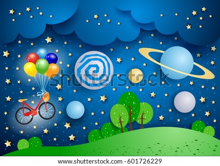 Surreal landscape with big planets and bicycle. Vector illustration