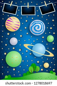 Surreal landscape with big planets and photo frames. Vector illustration eps10