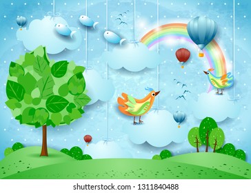 Surreal landscape with big tree, balloons, birds and flying fisches. Vector illustration eps10