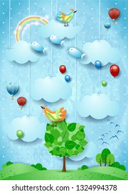 Surreal landscape with big tree, birds, balloons and flying fisches. Vector illustration eps10