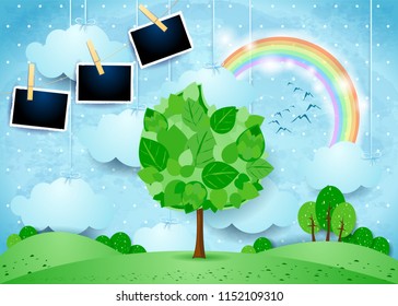 Surreal landscape with big tree, hanging clouds and photo frames. Vector illustration eps10