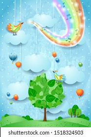 Surreal landscape with big tree, rainbow colors and musical notes. Vector illustration eps10