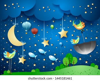 Surreal landscape by night with countryside, flying umbrella and fishes. Vector illustration eps10