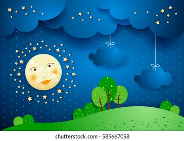 Surreal landscape by night with full moon and hanging clouds. Vector illustration