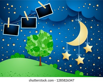 Surreal landscape by night with hanging stars and photo frames. Vector illustration eps10