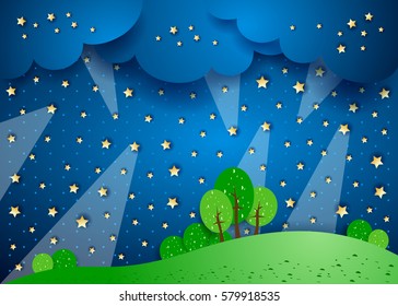 Surreal landscape by night with spotlights, vector illustration 